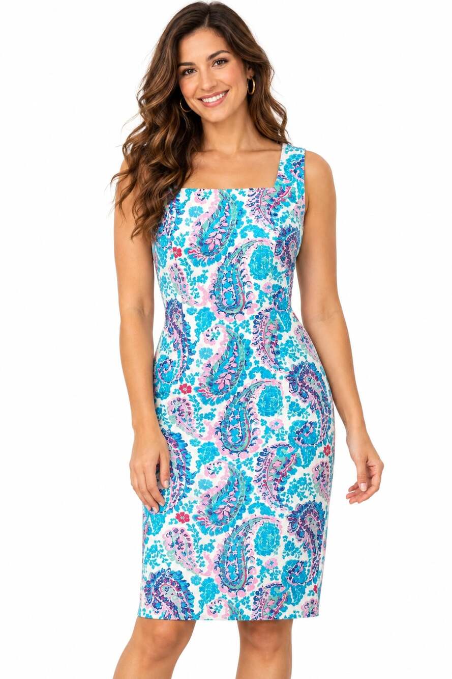 Talbots Fresco Dress Womens Size 4 Petite Turquoise Pink Sheath Career 4P